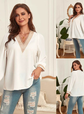 Long Sleeves Loose-Fit Plus Size V-Neck Shirt for Women