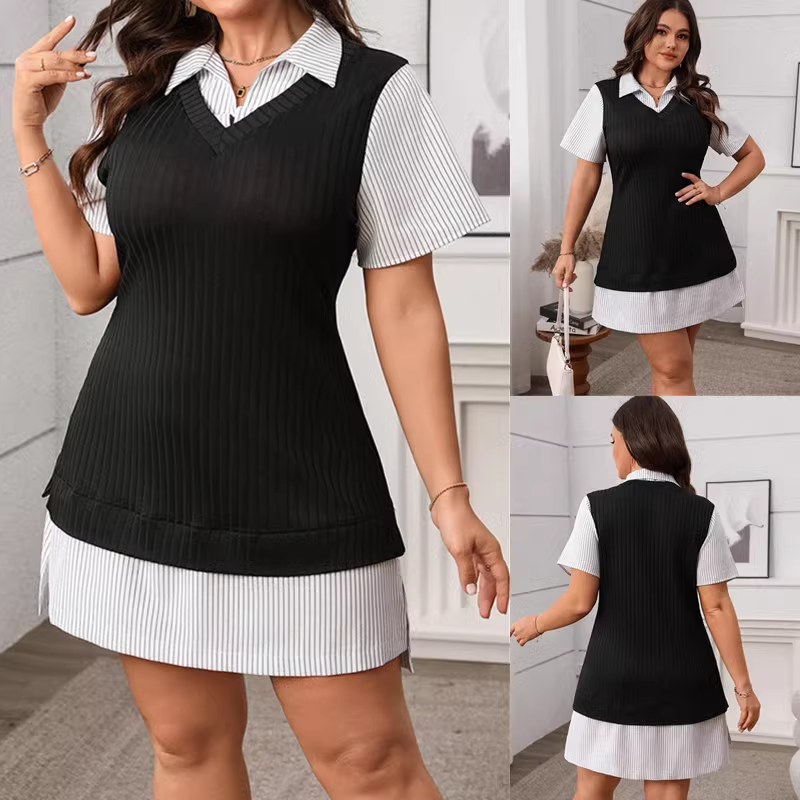 plus size summer women dress XL-4XL大码女装假两件胖MM连衣裙