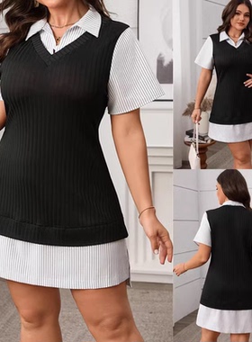 plus size summer women dress XL-4XL大码女装假两件胖MM连衣裙
