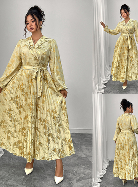 Plus Size Women Autumn Dress 长袖v领法式复古气质碎花连衣裙