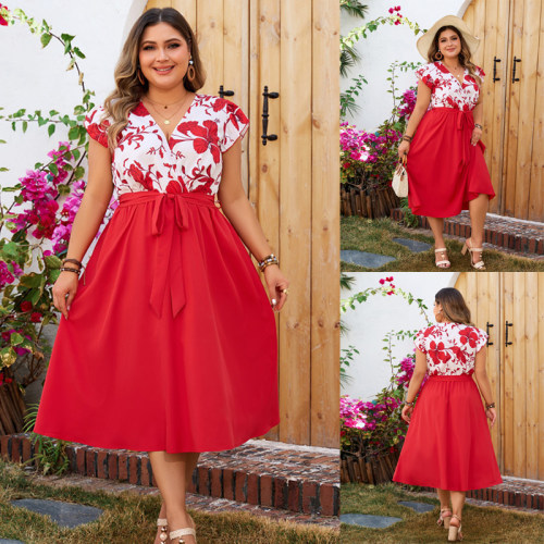 Plus size women V-neck printed dress大码女装印花拼接连衣裙