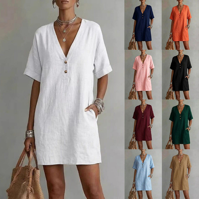 Summer Casual Comfortable Women Dress 休闲舒适纽扣口袋连衣裙