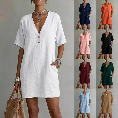 Summer Casual Comfortable Women Dress 休闲舒适纽扣口袋连衣裙