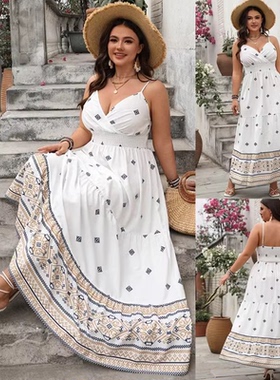 Plus size women V-neck print halter dress 大码印花吊带连衣裙