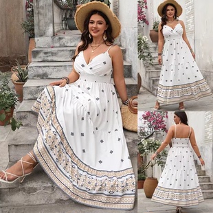 Plus size women V-neck print halter dress 大码印花吊带连衣裙