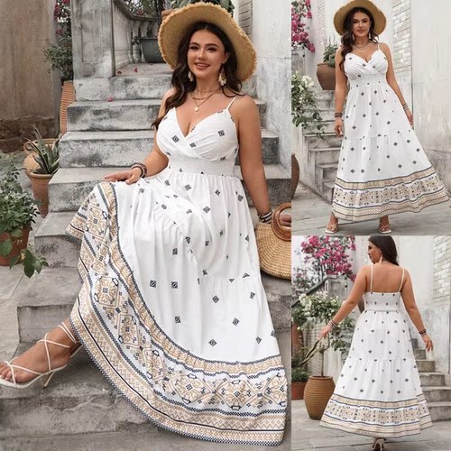 2025春夏气质印花收腰吊带连衣裙