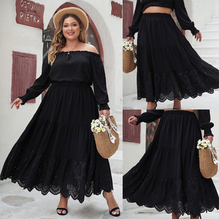 Color Out Size Black Hollow Lace Plus Flared Skirt Stylish