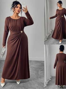 Autumn Plus Size Women Long Dress 欧美大码长袖收腰咖色连衣裙