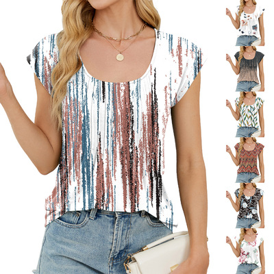 2025 Summer New Printed Striped Loose Short-Sleeve Top Women