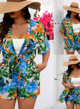 Plus Size Women's Set Floral Print Shirt & Shorts 大码女套装