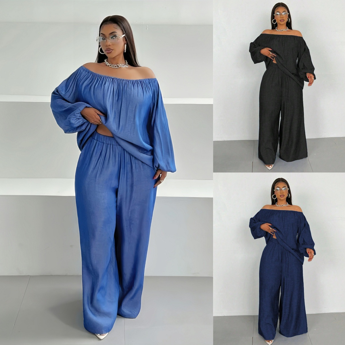 Plus Size Women 2-piece Set 一字肩宽松上衣+阔腿裤大码两件套