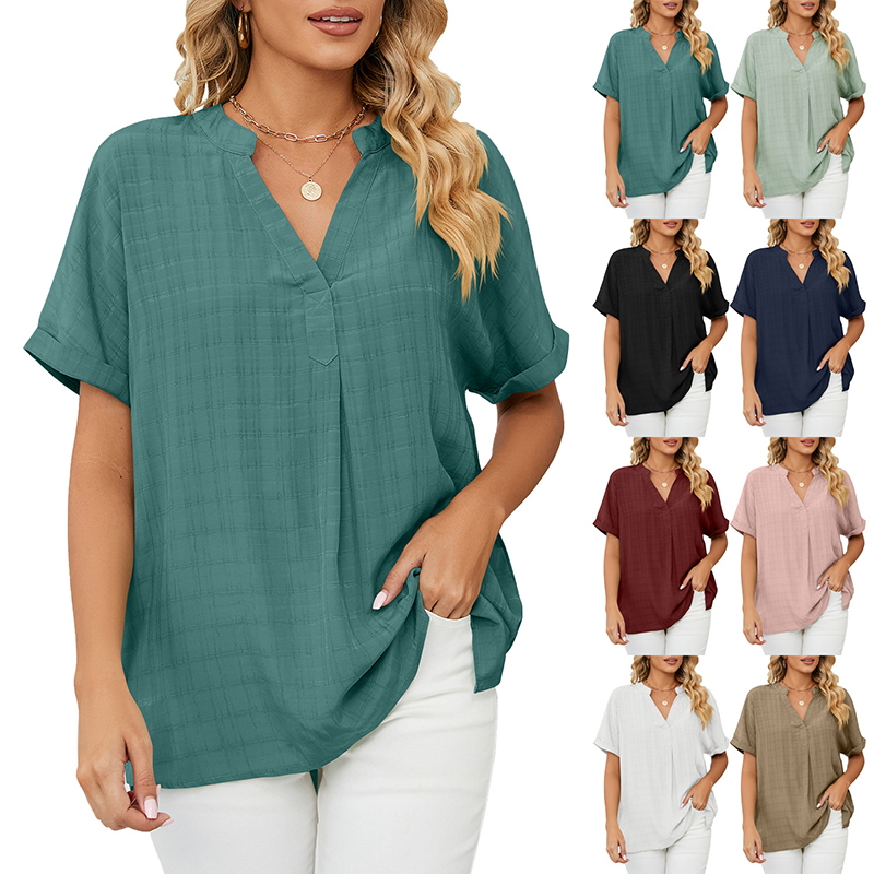 Lightweight V-Neck Casual Loose Pure Color Shirt for Women