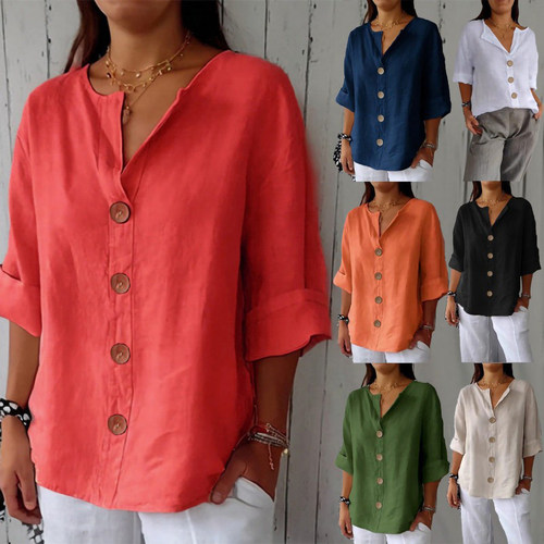 Women Blouse Casual Shirt 宽松衬衫女士V领棉麻纽扣T恤上衣