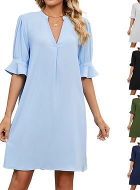 Summer V-Neck Loose Pleated Mid-Length Dress for Women
