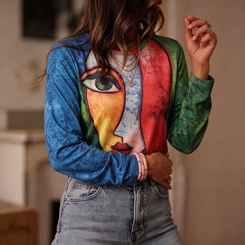 Women Vintage Abstract Oil Painting Print T Shirt Autumn