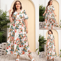 大码宽松V领印花连衣裙 夏季胖MM仙女裙 plus size summer dress
