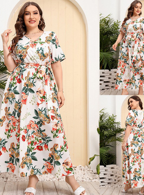 大码宽松V领印花连衣裙 夏季胖MM仙女裙 plus size summer dress