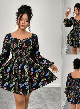 Women Floral Tiered Dress 印花蛋糕裙方领露背性感泡泡袖连衣裙