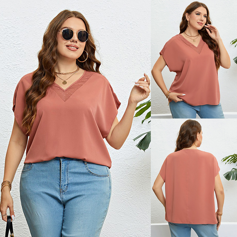 Summer Loose Fit Casual V-Neck Brick Red Top for Women-封面