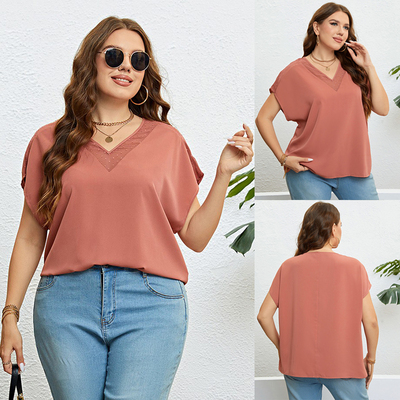 Summer Loose Fit Casual V-Neck Brick Red Top for Women