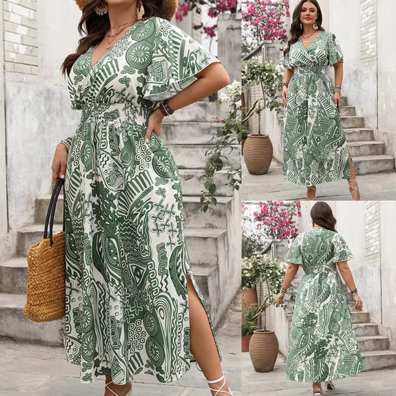Plus size V-neck printed women dress XL-4XL大码女装连衣裙