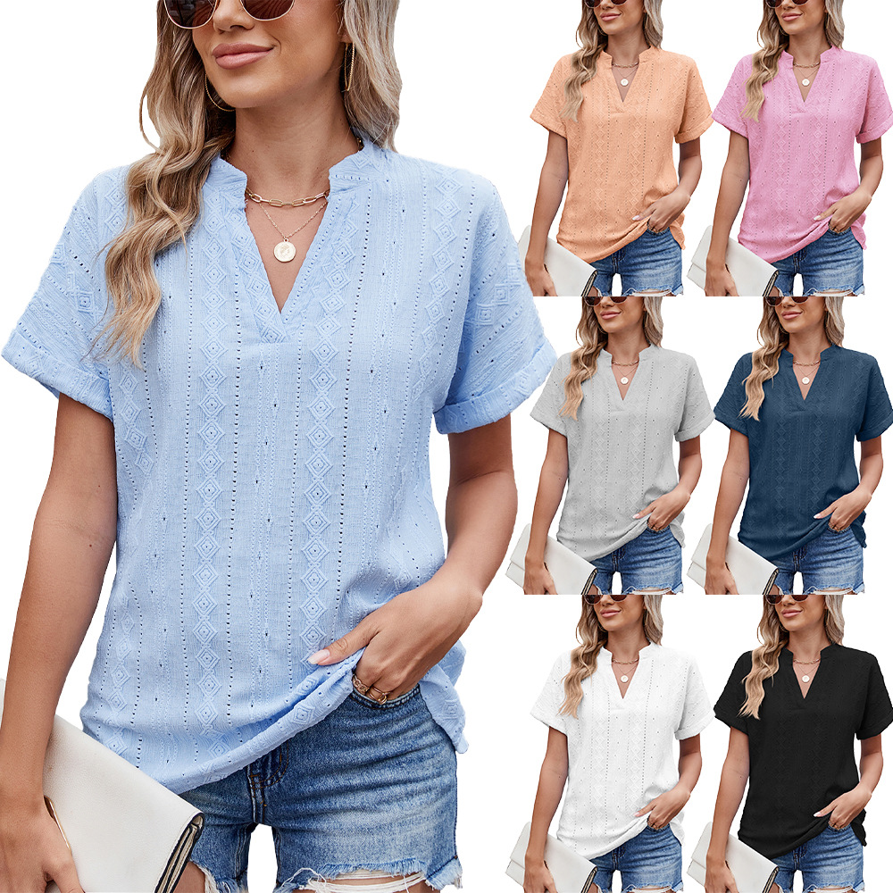 2025 Summer New Jacquard V-Neck Loose T-Shirt Top for Women