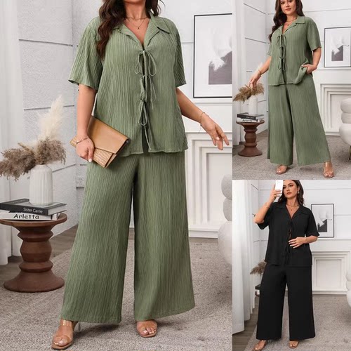 2025 Plus size women summer new casual two piece suit 两件套