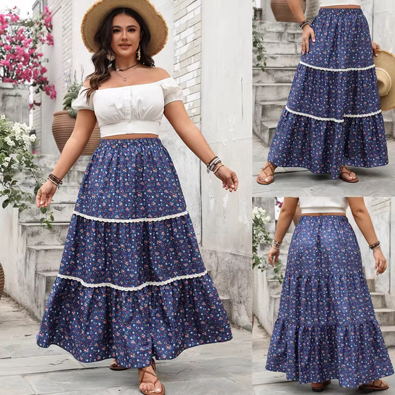 Plus size women printed skirt Summer dress大码女装碎花半身裙