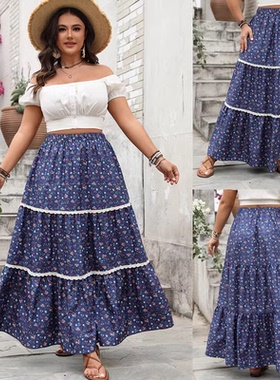 Plus size women printed skirt Summer dress大码女装碎花半身裙