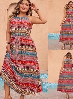 Plus size women Summer vacation style halter dress大码连衣裙