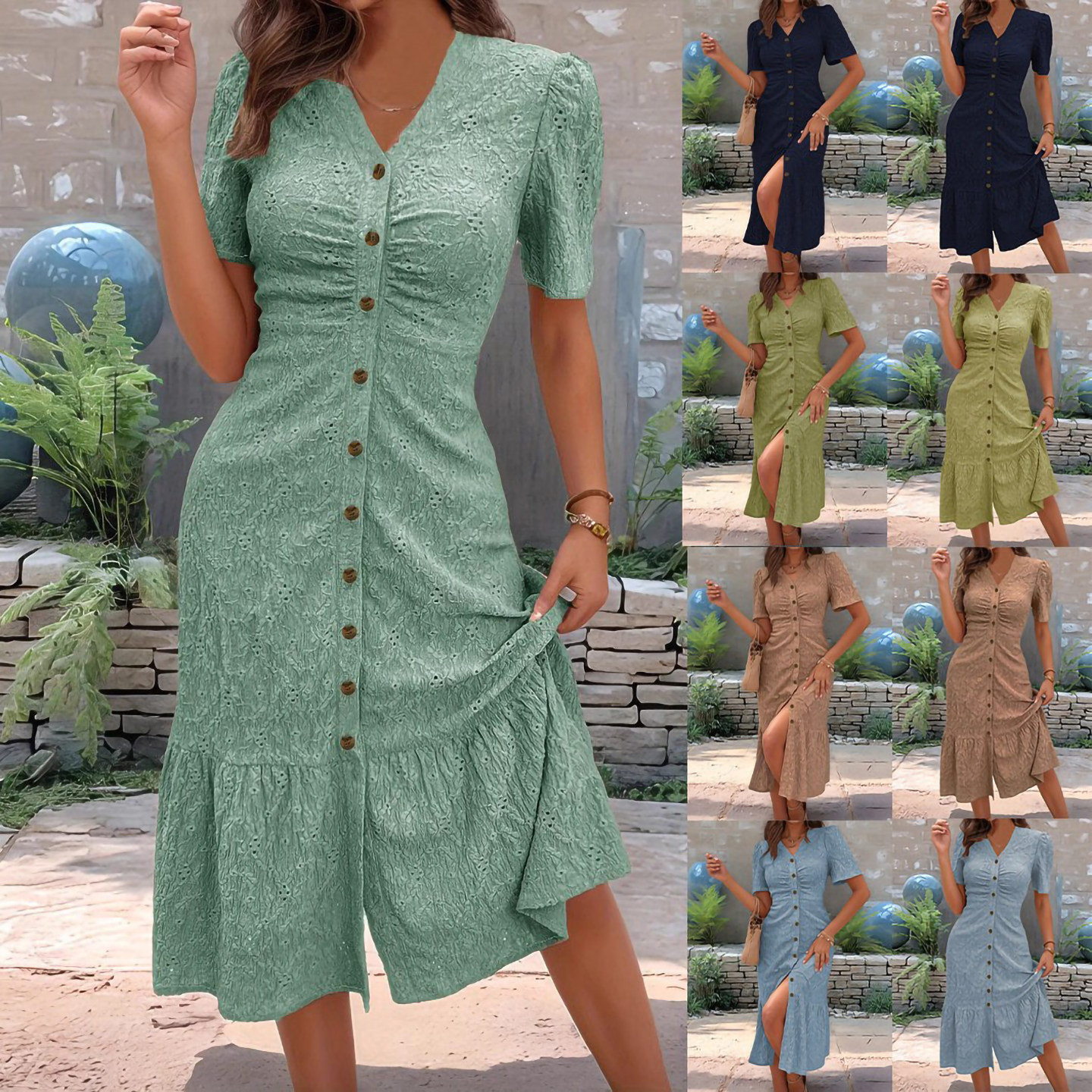 Women Summer Short Sleeve Dresses 娃娃领短袖纯色时尚连衣裙女图片