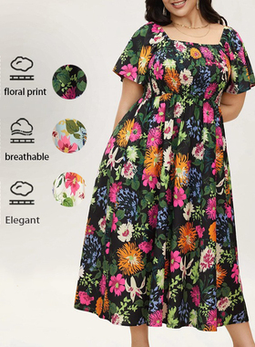 Plus Size Flowy Dress Women Square Neck Floral Printed Dress