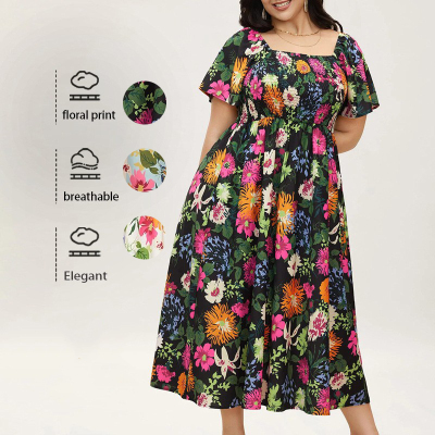 Plus Size Flowy Dress Women Square Neck Floral Printed Dress