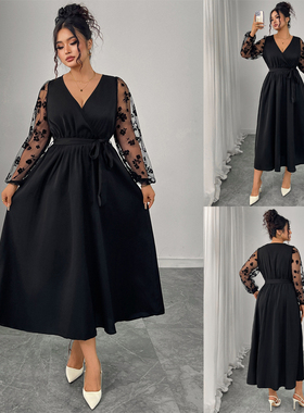 Curvy Women Autumn Dresses 秋冬V领蕾丝长袖系带高腰大码连衣裙