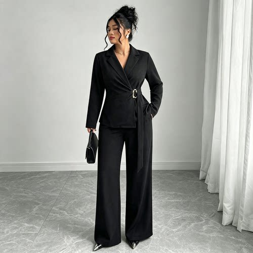 Plus Size Women Black 2 Pieces Blazer Set 大码黑色收腰西装