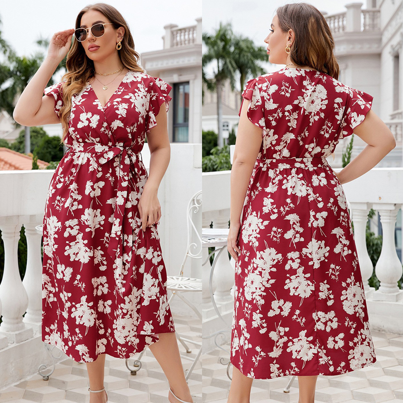 summer flower print women plus size dress 夏季大码显瘦连衣裙 女装/女士精品 大码连衣裙 原图主图