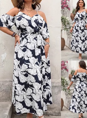 Plus size summer dresses 2025春夏新款印花连衣裙吊带开叉长裙
