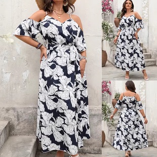 Plus size summer dresses 2025春夏新款印花连衣裙吊带开叉长裙