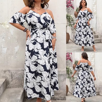 Plus size summer dresses 2025春夏新款印花连衣裙吊带开叉长裙
