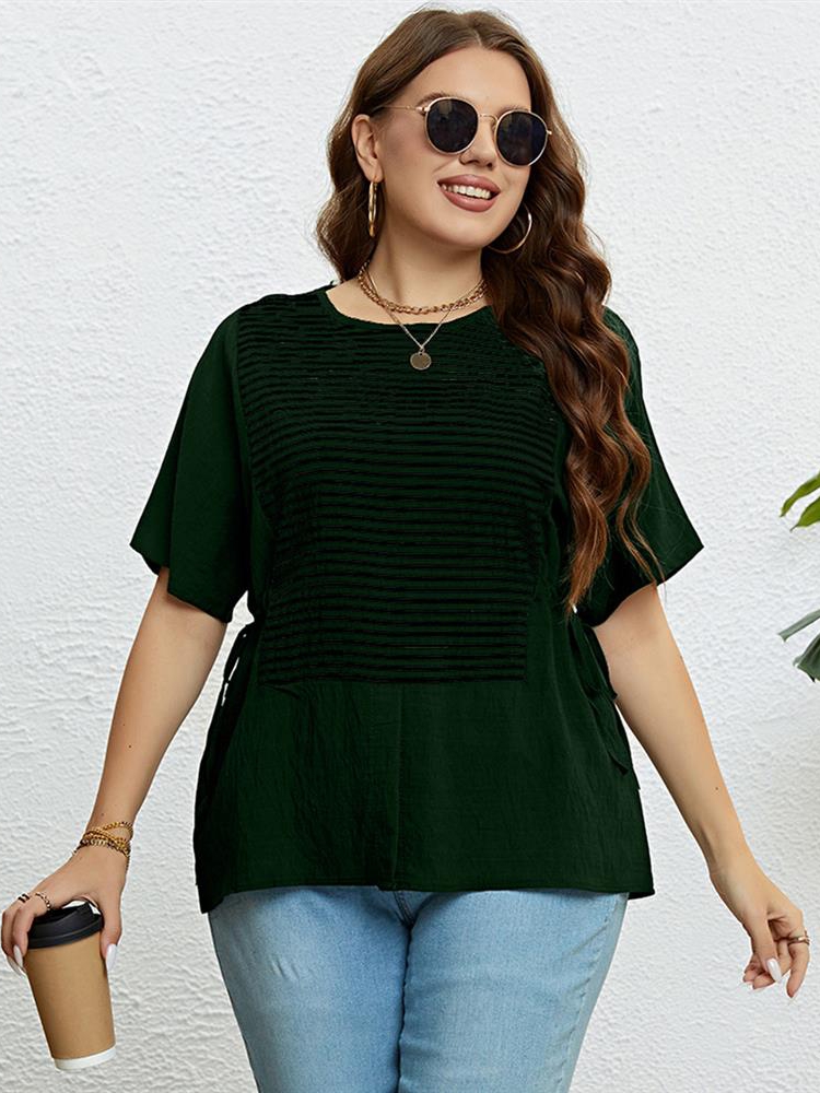 Plus Size Summer Top Women O-Neck Side Slit Short Sleeves-封面