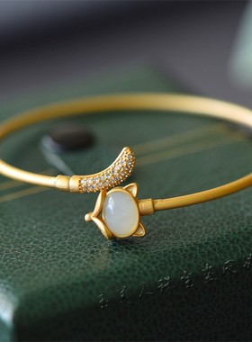天然和田玉白玉蛋面狐狸手环时尚手饰女款个性百搭开口手镯