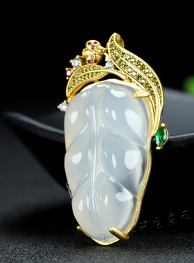 天然A货冰种白玉髓镀24k真金吊坠女款金枝玉叶玛瑙项链个性项链