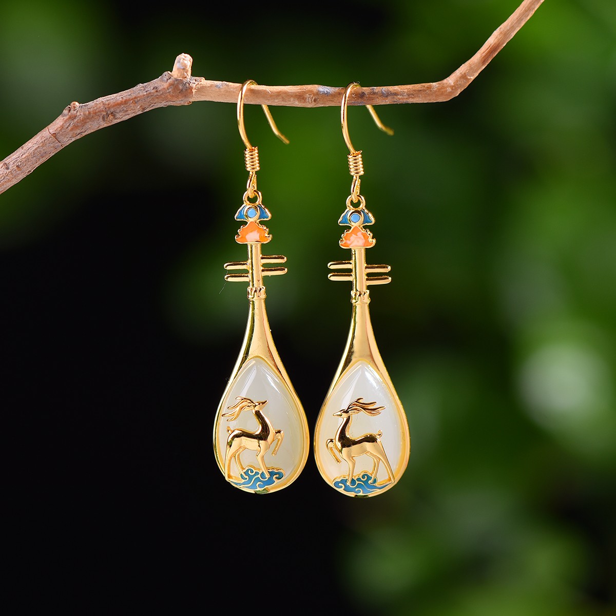 天然和田玉925银镶嵌白玉珐琅彩绘琵琶玉石耳坠耳环耳饰