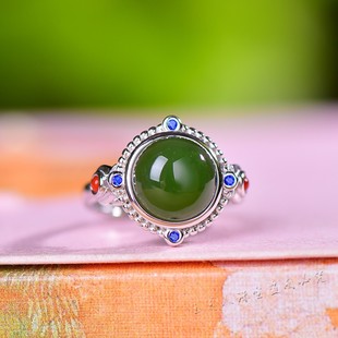 天然和田玉碧玉925银圆鼓面指环女款玉石简约百搭戒指开口戒子