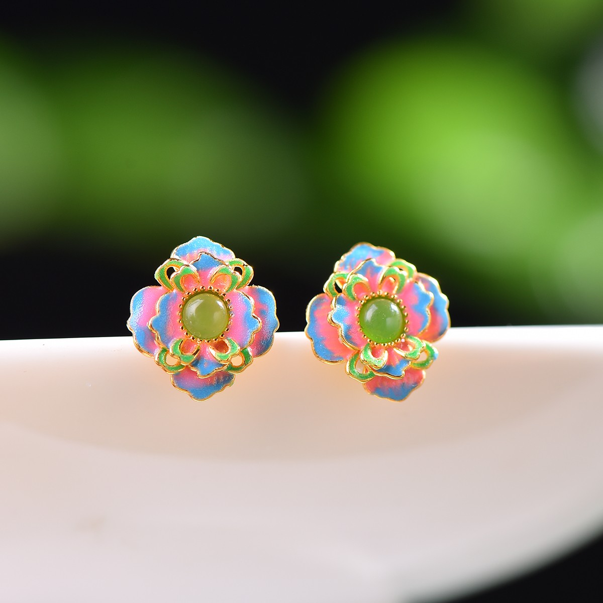 和田玉碧玉925银花朵玉石耳钉