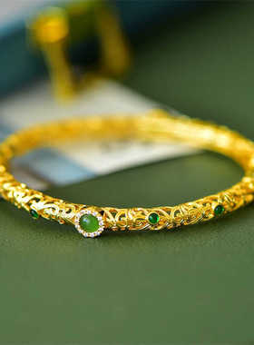 新疆天然和田玉碧玉花丝手镯手环