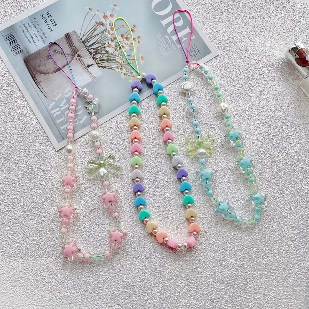 淼淼家 新款树脂亚克力爱心桃心手工串珠手机挂绳ins网红珍珠手链