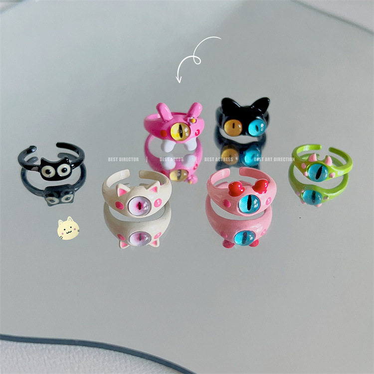 搞怪黑色小猫咪开口戒指女