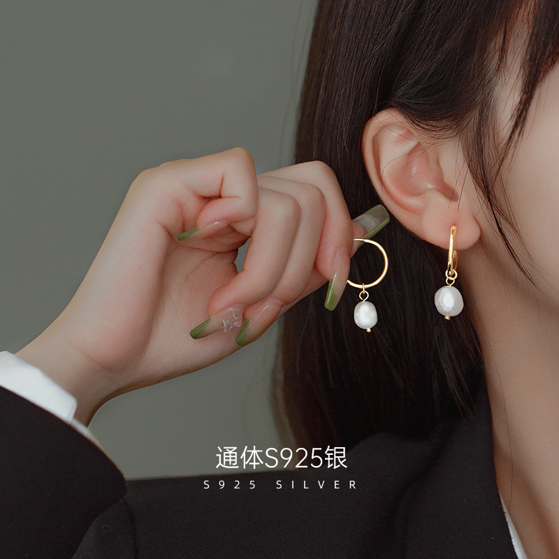 榕树下S925银天然珍珠耳环耳圈法式复古高级感小众设计轻奢耳扣女