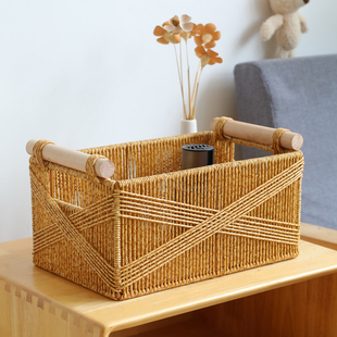 仿藤编收纳篮日式简约木把手客厅整理收纳框零食家居杂物储物篮子